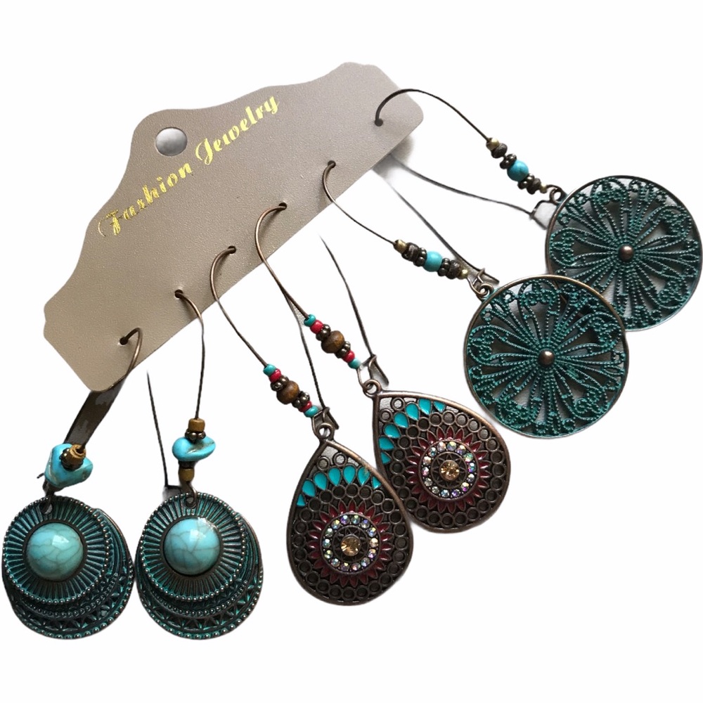 Boho Style Bronze, Turquoise Earrings (3 pr) NEW